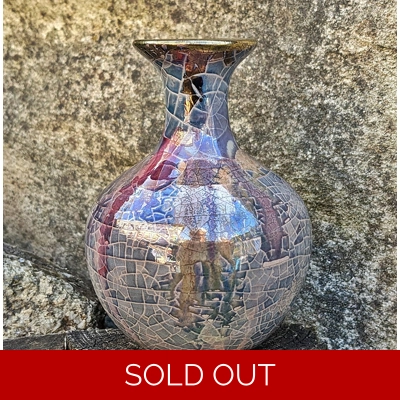 Studio Pottery Mosaic Vase, Crackle Glaze Art Ceramics.